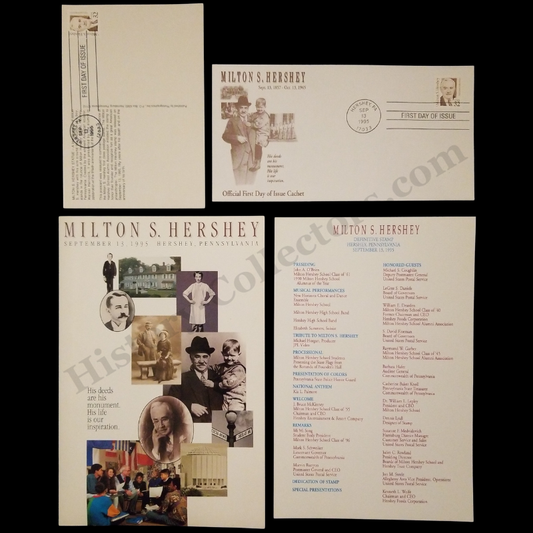 1995 Milton S. Hershey PA US FDC #2933 USPS Ceremony Program Triple Set - Program - First Day Cover - Postcard - Post Cold War Globalism Era - Ready For Framing