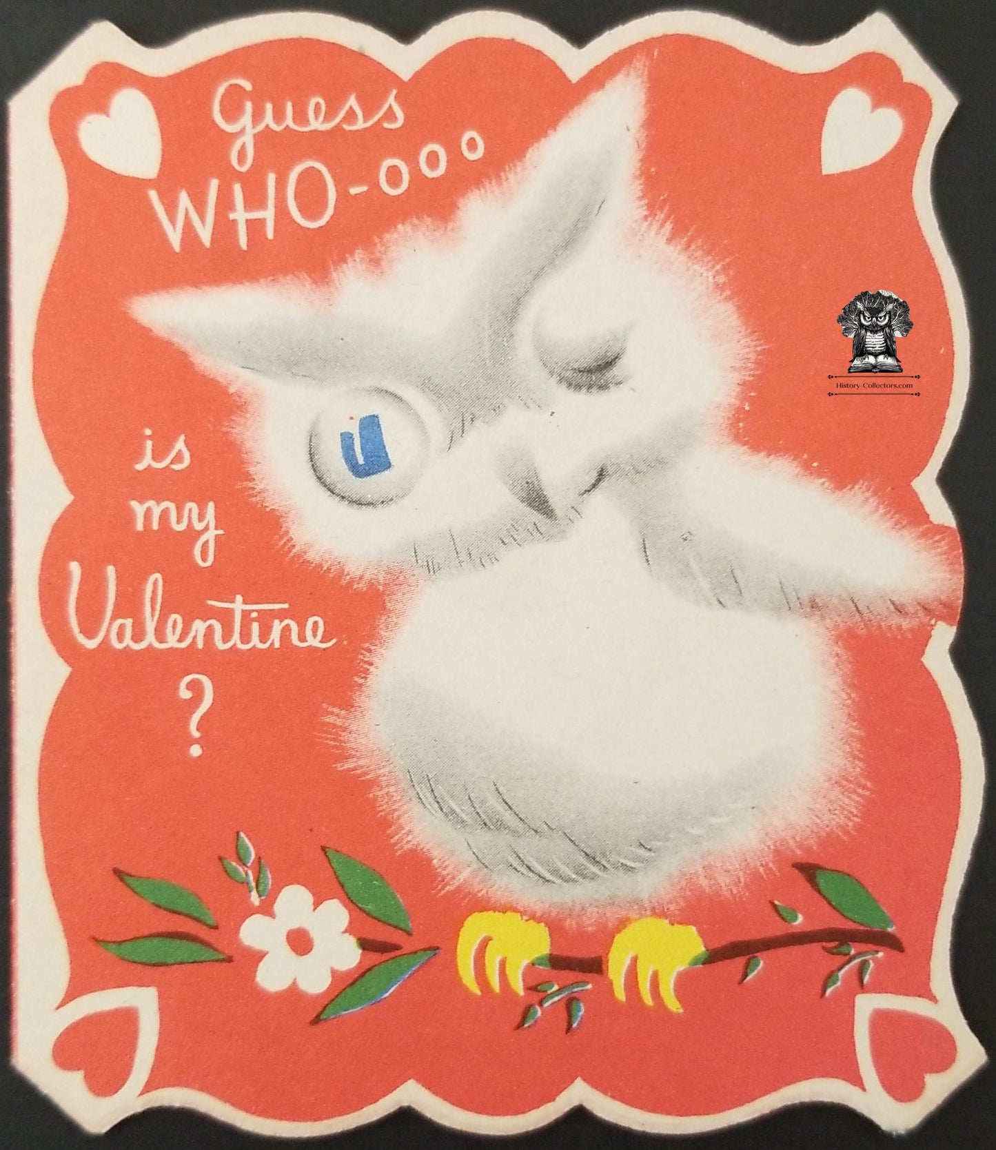 Vintage Children's Valentine's Day Fold Open Card - Winking White Winter Owl