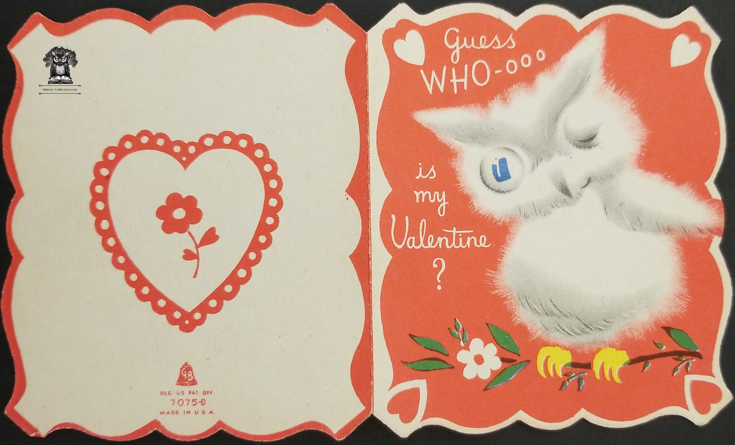 Vintage Children's Valentine's Day Fold Open Card - Winking White Winter Owl