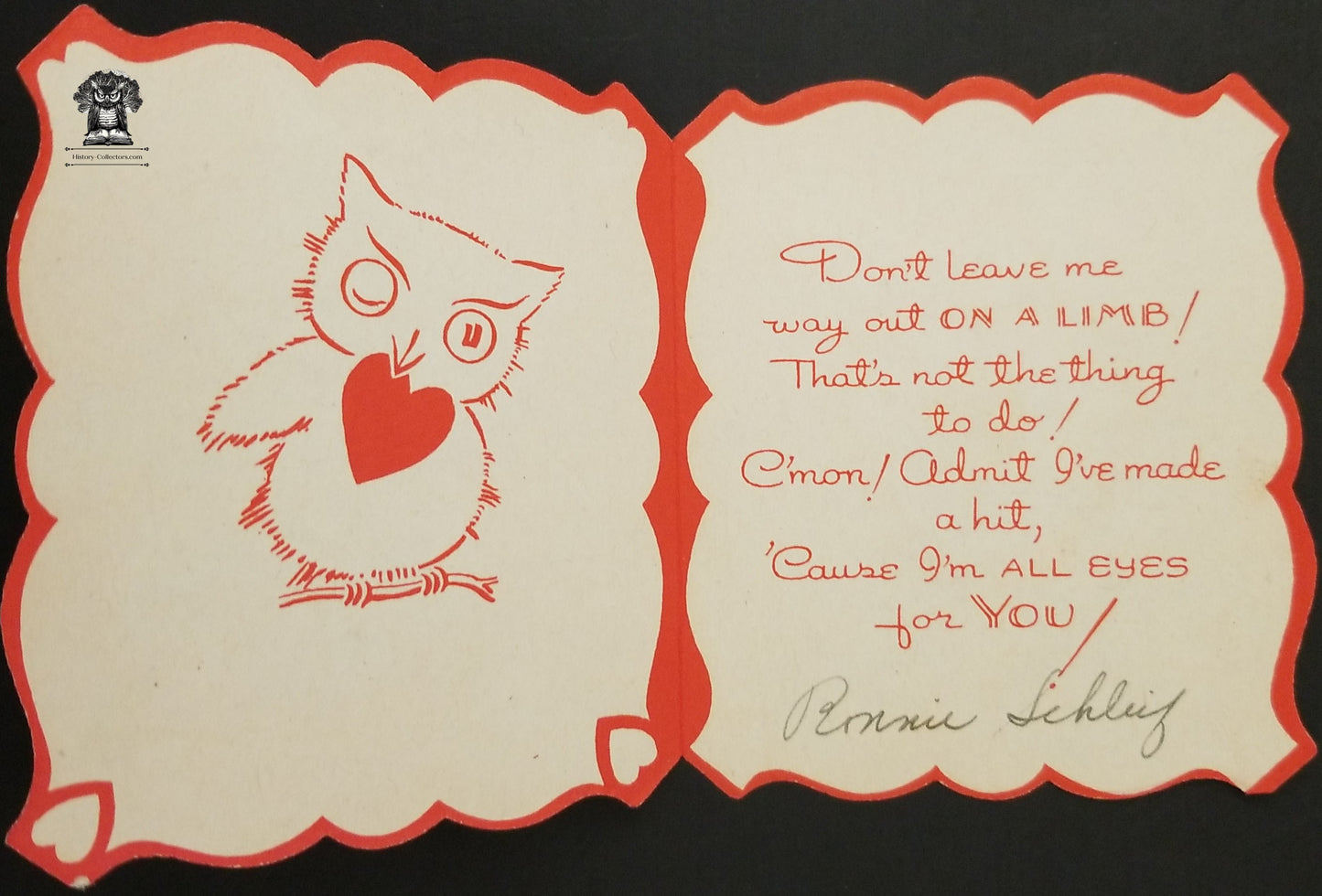 Vintage Children's Valentine's Day Fold Open Card - Winking White Winter Owl