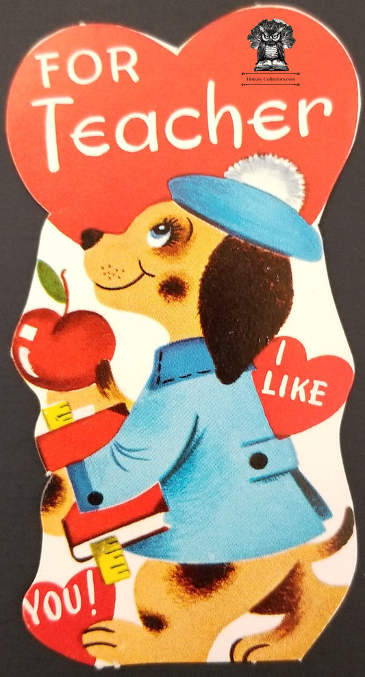 Children's Exchange Valentine's Day Card - For Teacher Dog Apple Heart Ruler Books