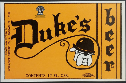 Duke's Beer Bottle Label - Horlacher Brewing Co Allentown PA