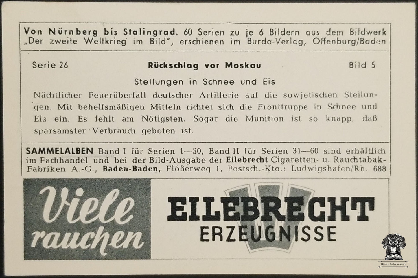 Eilebrecht Cigarettes Advertising Trade Card - WWII German Artillery Soviet Front
