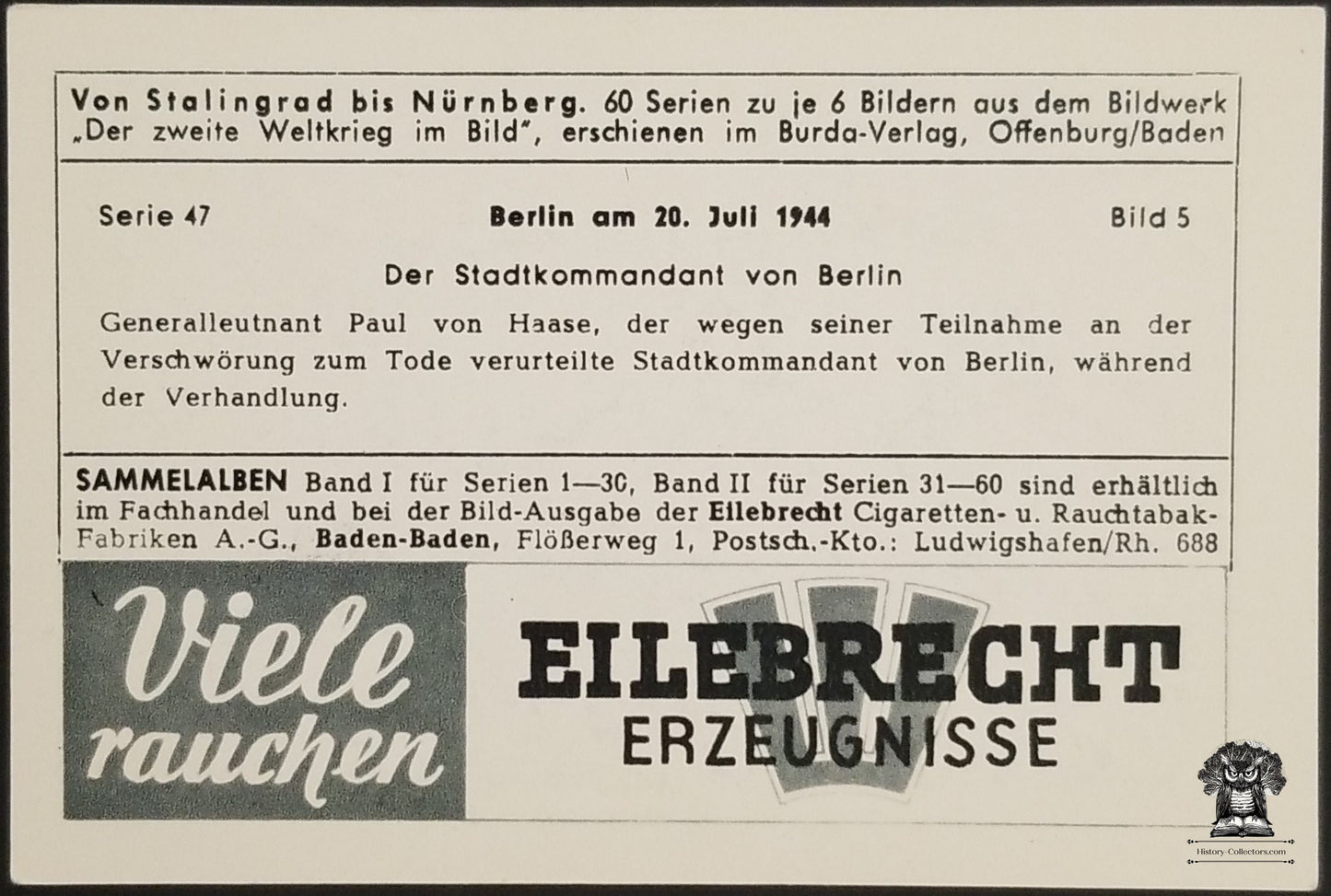 Eilebrecht Cigarettes Advertising Trade Card - WWII German Berlin Paul von Haase