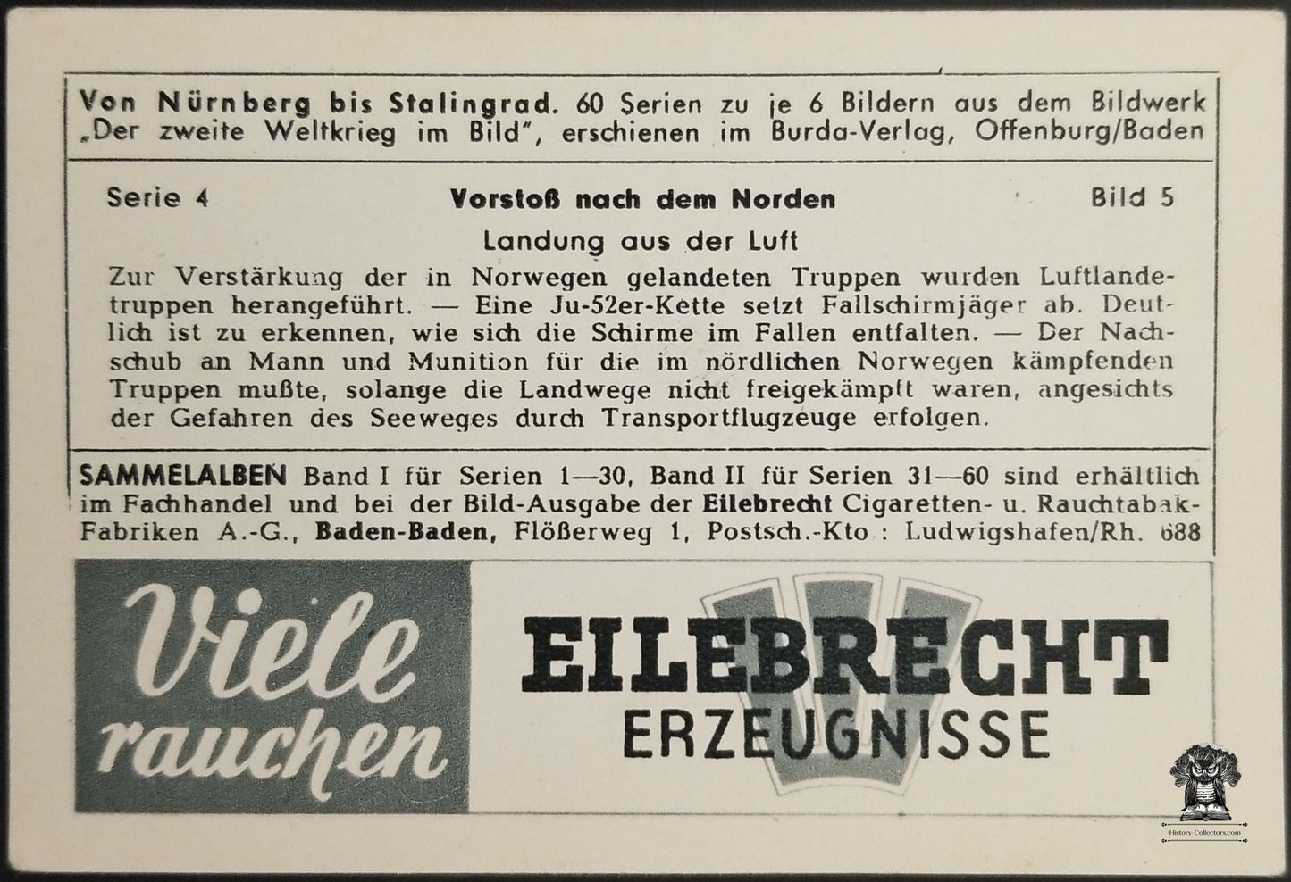 Eilebrecht Cigarettes Advertising Trade Card - German Paratroopers Landing in Norway