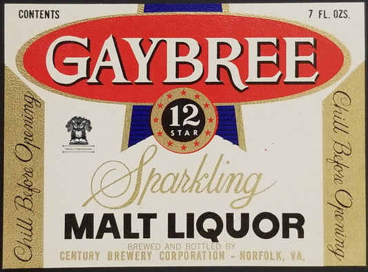 Gaybree Malt Liquor Foil Bottle Label - Century Brewery Corp Norfolk VA