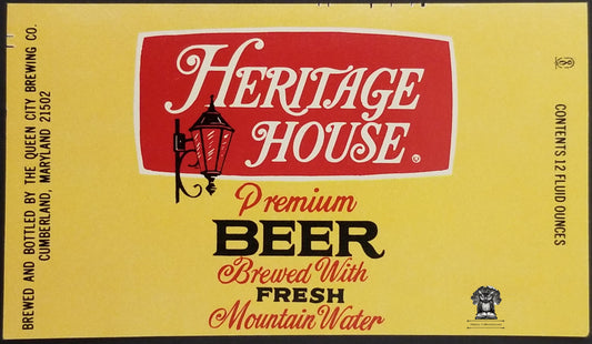 Heritage House Beer Bottle Label - Queen City Brewing Co Cumberland MD