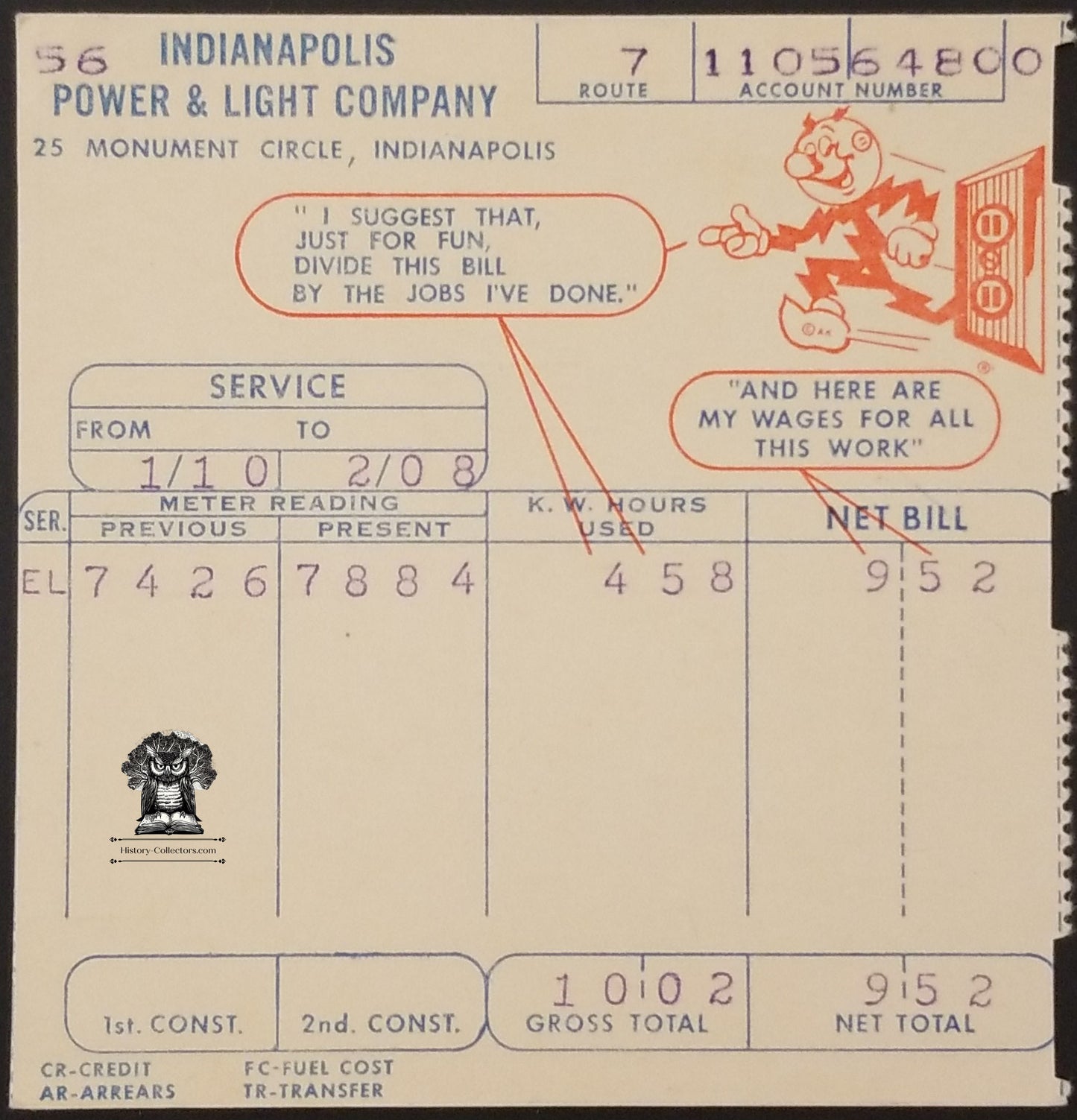 Vintage Indianapolis Power & Light Co Bill Statement Stub - Reddy Kilowatt