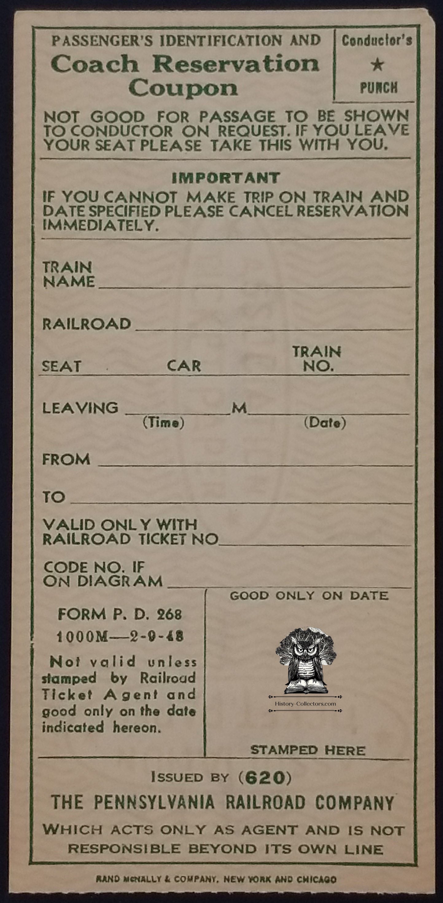 Pennsylvania Railroad Coach Reservation Coupon PRR Penn Station Rand McNally