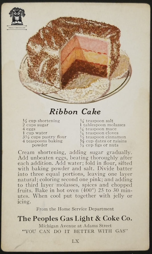 Peoples Gas Light & Coke Co Advertising Trade Card Ribbon Cake Recipe - Chicago IL