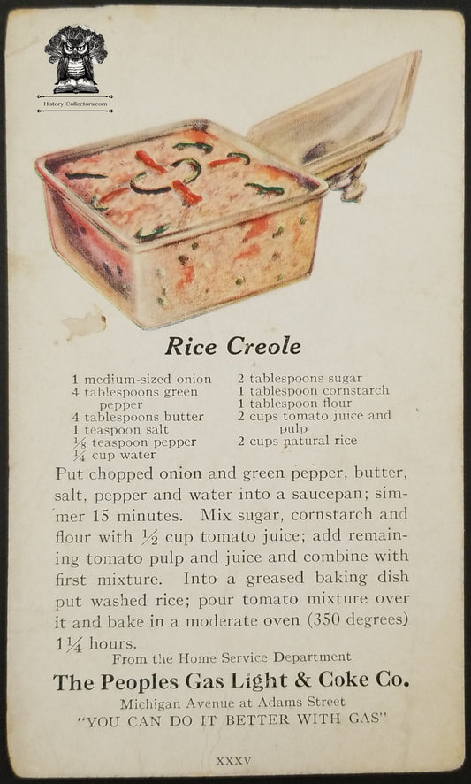 Peoples Gas Light & Coke Co Advertising Trade Card Rice Creole Recipe - Chicago IL