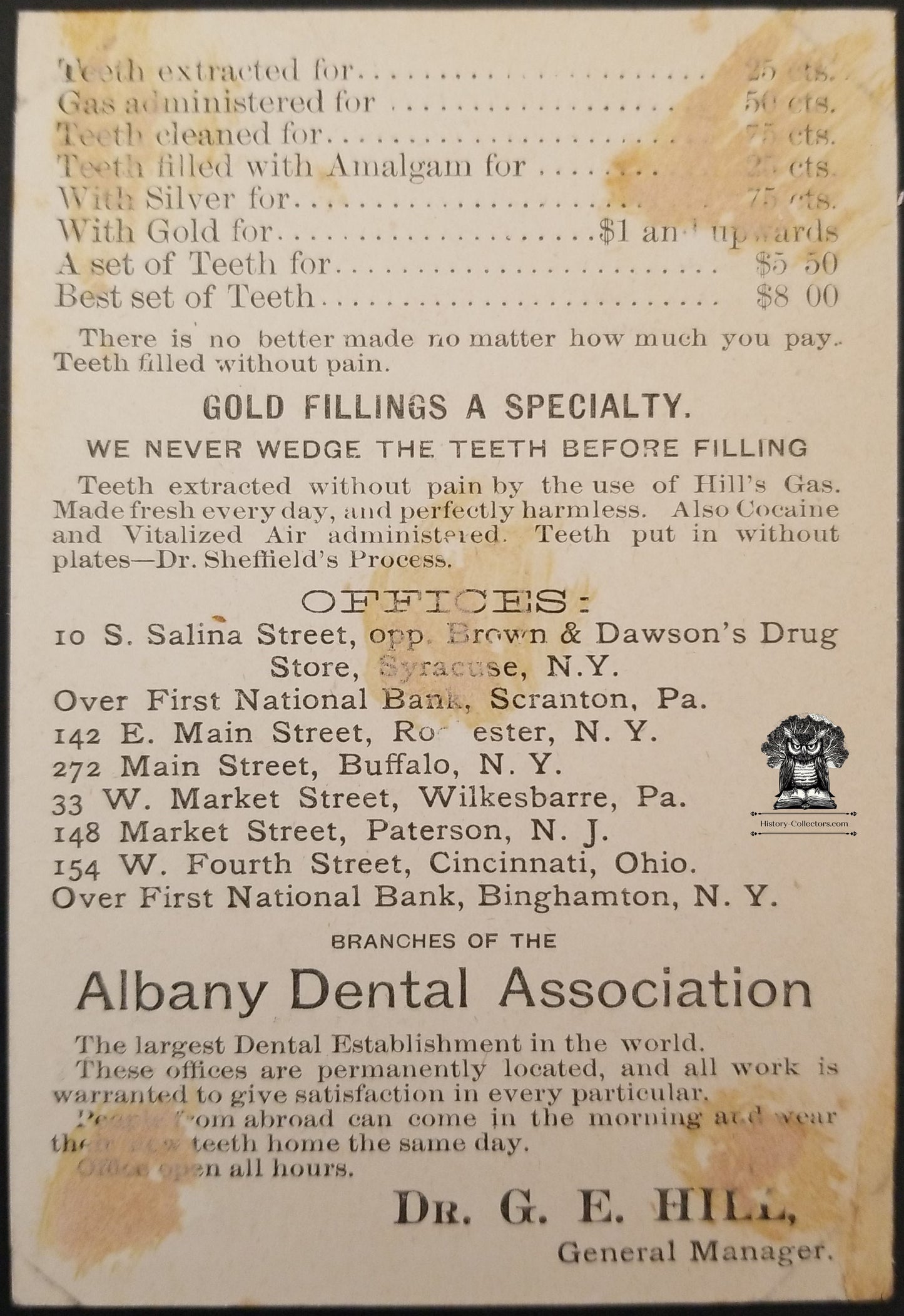Dentist Trade Card Albany Dental Association Price List Office Locations - G.E. Hill Rochester NY