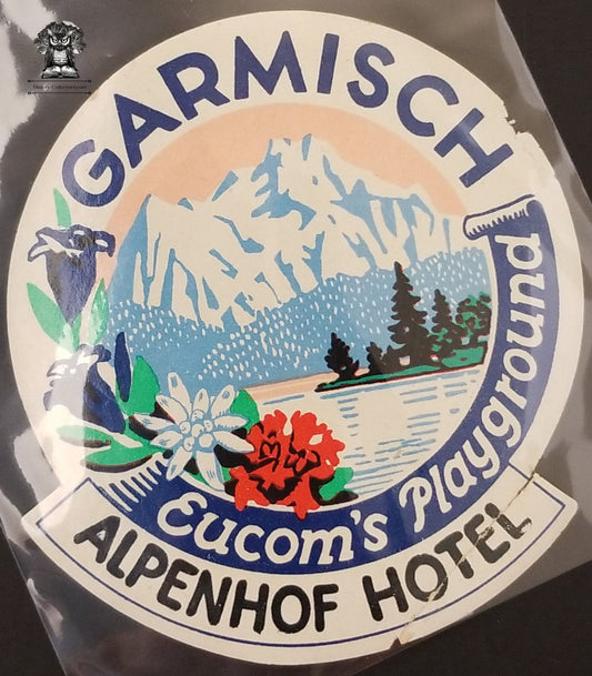 Vintage Alpenhof Hotel Luggage Baggage Travel Sticker - Garmisch Germany EUCOM