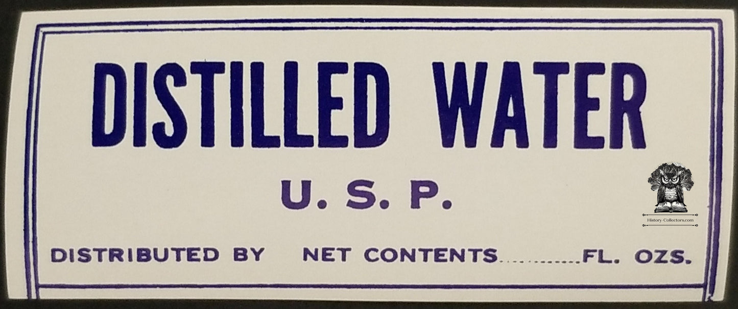 Vintage Distilled Water U.S.P. Glass Bottle Pharmacy Label - Apothecary Medicinal