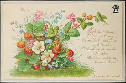 Vintage German Trade Card Embossed Spring Blooming Flowers Strawberries