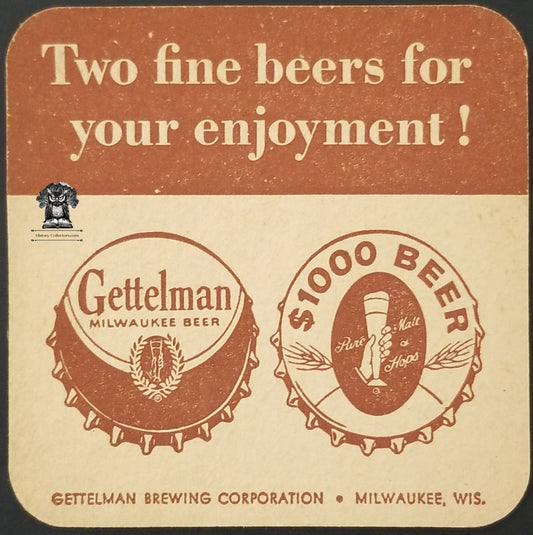 Vintage Gettelman $1000 Beer Coaster - Brewing Corp Milwaukee WI