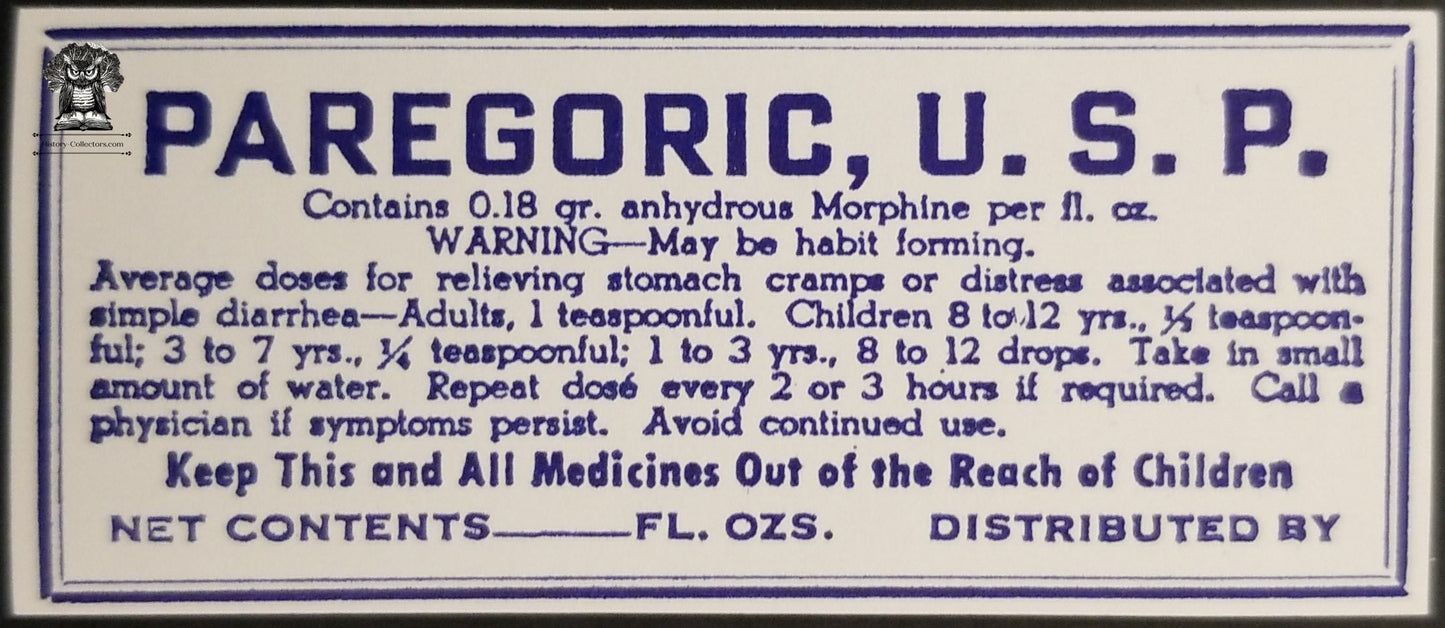Vintage Paregoric Glass Bottle Pharmacy Label - Liquid Opium Morphine Apothecary