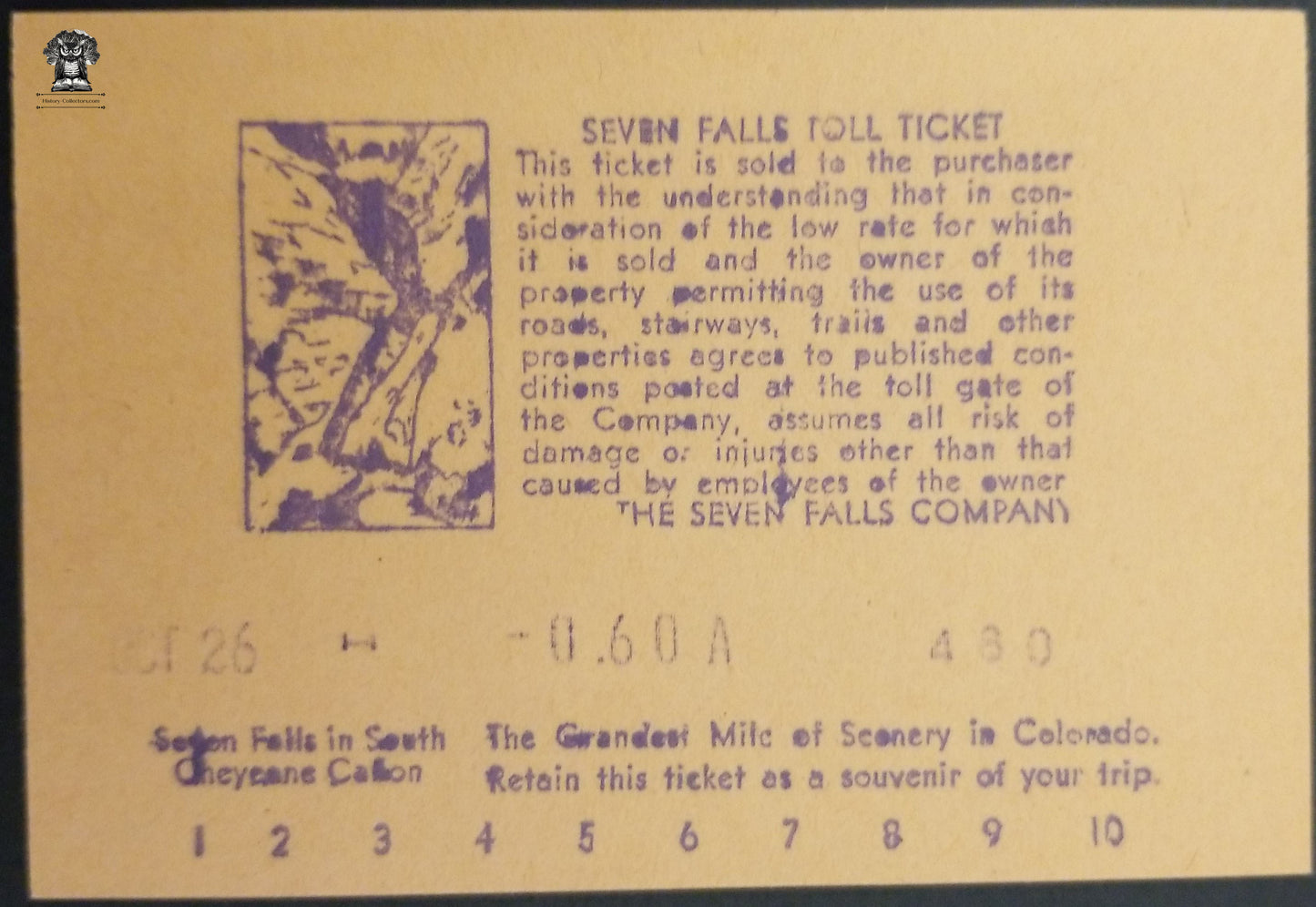 Vintage Seven Falls Toll Entry Ticket - Colorado Cheyenne Canyon Broadmoor Range