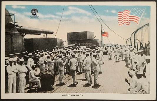 Vintage United States Navy Band Postcard - Deck of Battleship Flag Half Staff USN Sailors Music