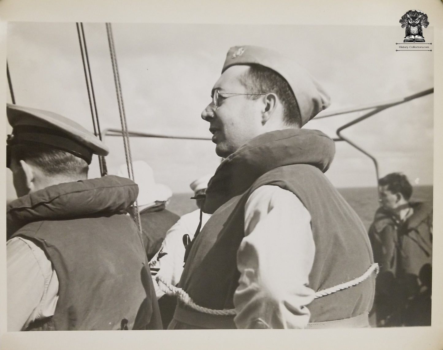 WWII Era USN United States Navy Photograph - CPO Chief Petty Officer on Deck - Life Vest - 10x8