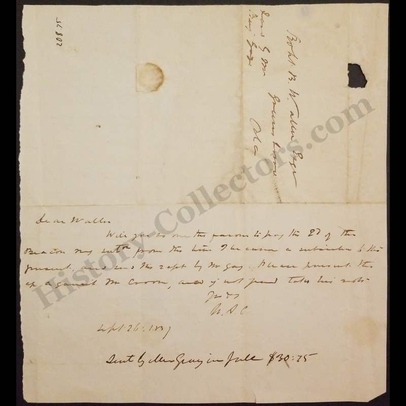 c1843 Financial Letter Correspondence | Greensboro Greene County Alabama | R. B. Waller | Antebellum Era | Ready For Framing