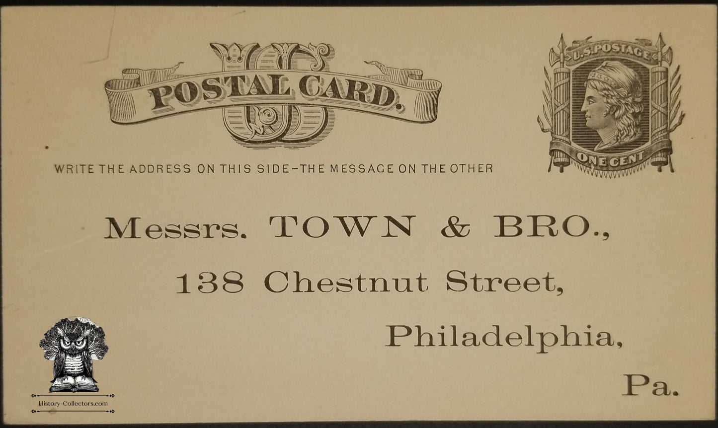 c1870s Town & Brother Advertising Postcard - 138 Chestnut St Philadelphia PA - Leather Manufacturers & Dealers