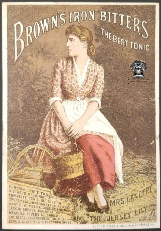 c1880 Brown's Iron Bitters Tonic Victorian Ink Blotter Advertising Card - British Actress Lillie Langtry