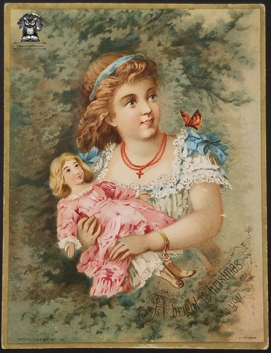 c1880s Raphael Tuck Christmas Card - Victorian Christian Girl Doll Butterfly