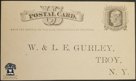 c1880s W & LE Gurley Advertising Reply Postcard - Troy NY - Technical Innovation Surveying Instruments - One Cent Liberty Postal Card - Scott UX5