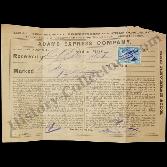 c1890 Adams Express Co Shipping Receipt - Boston Massachusetts - Rail Freight - Documentary Revenue Stamp - Gilded Progressive Era - Ready For Framing