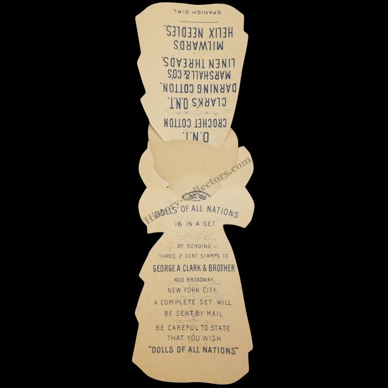 c1890 Clark's Spool Cotton Advertising Paper Doll Die Cut - Newark New Jersey - Dolls Of All Nations Series - Spanish Girl - Progressive Gilded Age Era - Ready For Framing