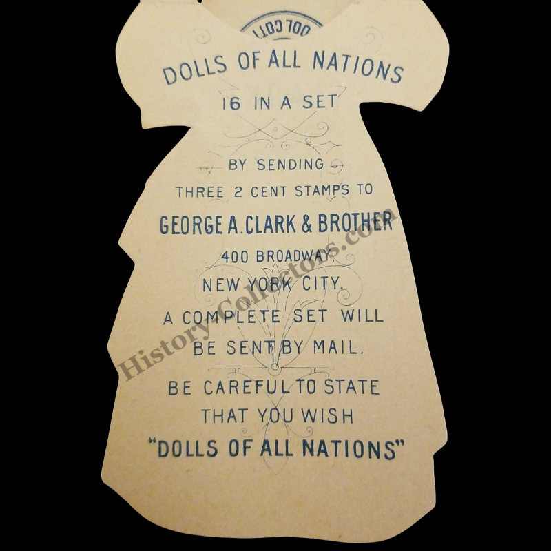 c1890 Clark's Spool Cotton Advertising Paper Doll Die Cut - Newark New Jersey - Dolls Of All Nations Series - Spanish Girl - Progressive Gilded Age Era - Ready For Framing