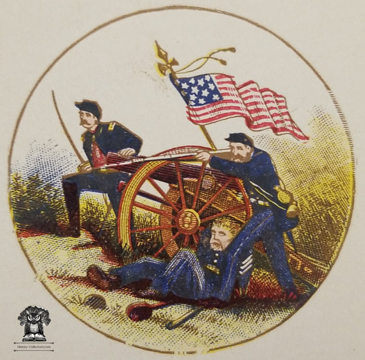 c1900 Celluloid Pinback Proof Die Cut - Civil War Union Cannon Battle Charge American Flag