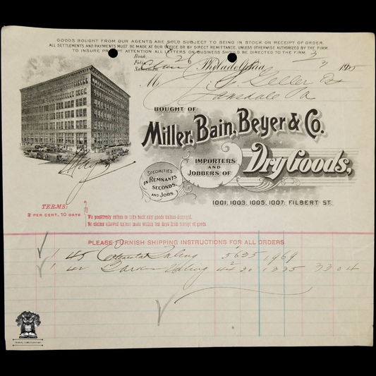 c1900 Miller Bain Beyer Co Billhead Receipt - Wholesale Dry Goods - 10th And Filbert Streets Philadelphia Pennsylvania - Brick Storefront Vignette
