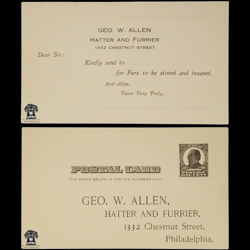 c1901 Geo W Allen Hatter And Furrier Advertising Marketing Reply Postal Card - Furs To Be Stored And Insured - 1332 Chestnut St - Philadelphia PA - One Cent McKinley Square Black Scott UX19 - Uncanceled Unused