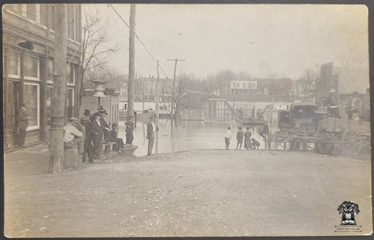 c1904 RPPC Picture Postcard - Flood Disaster - Urban City Buggies Barge Street Wagon - AZO Stamp Box