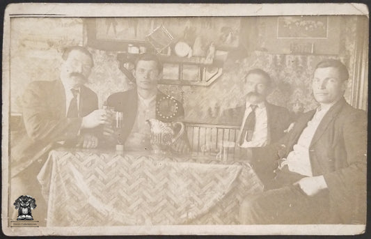 c1904 RPPC Picture Postcard - Four Gentlemen Guys Celebrating Drinking Beverages Cheers - AZO Stamp Box