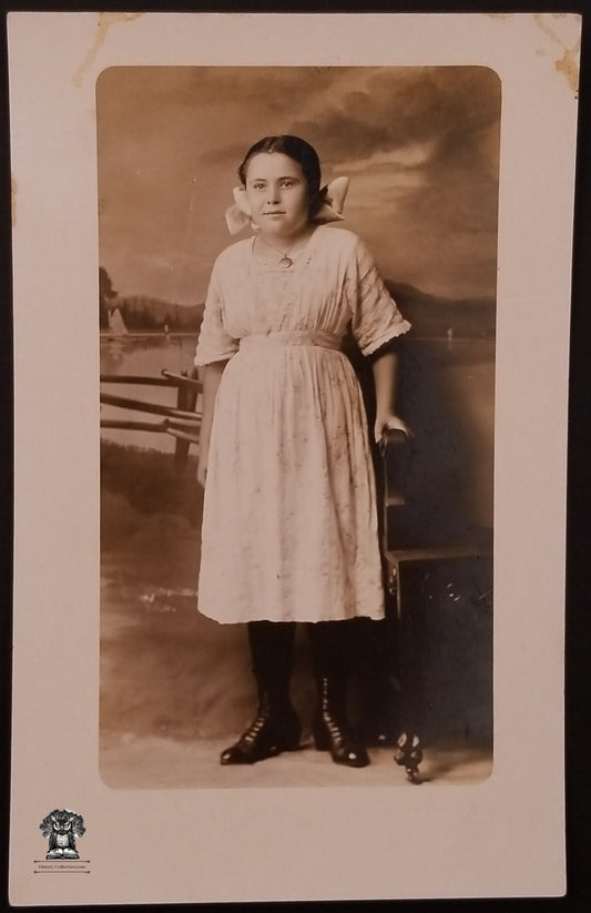 c1904 RPPC Picture Postcard - Teen Girl Studio Portrait Edwardian Fashion White Dress Locket - AZO Stamp Box