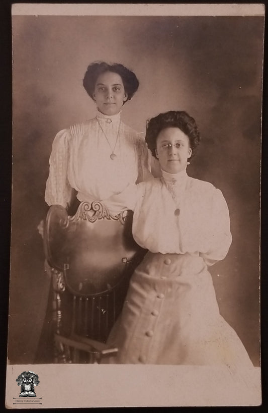 c1904 RPPC Picture Postcard - Two Woman Family Studio Photo - Edwardian Fashion Gibson Hair Pince Nez Glasses - AZO Stamp Box