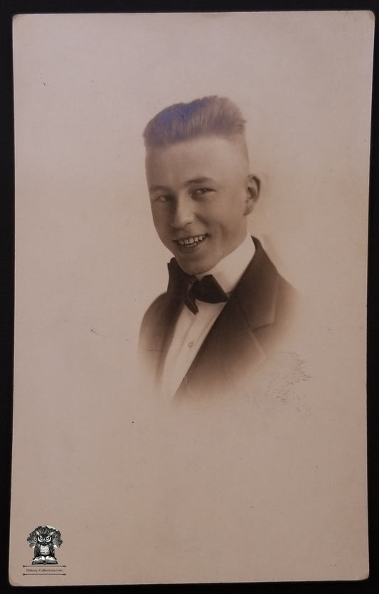 c1904 RPPC Picture Postcard - Victorian Teen Male Portrait - Fashion Undercut Hairstyle Bowtie - Fair Postal Studio - Chicago Il