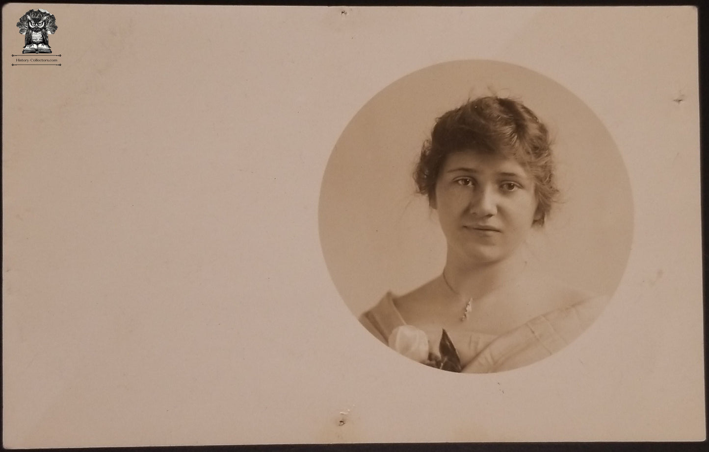 c1904 RPPC Picture Postcard - Young Woman Portrait Edwardian Fashion Necklace White Rose - AZO Stamp Box