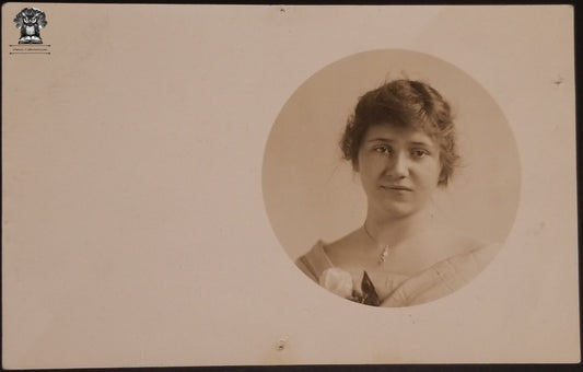 c1904 RPPC Picture Postcard - Young Woman Portrait Edwardian Fashion Necklace White Rose - AZO Stamp Box