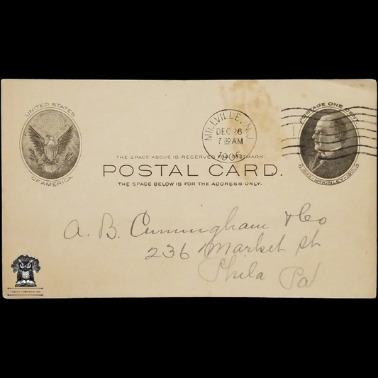 c1906 AB Cunningham Tobacco Co Personal Order Form Postal Card - 236 Market Street - Philadelphia PA - One Cent McKinley Scott UX18 - Postal Cancel Millville NJ - December 26 - Postcard
