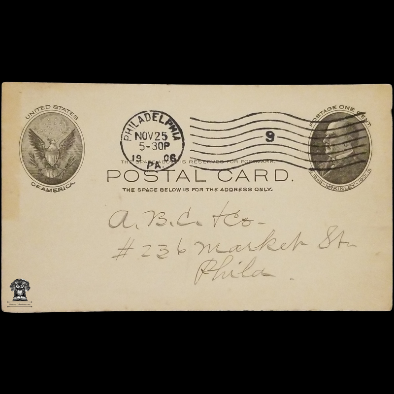 c1906 AB Cunningham Tobacco Co Personal Order Form Postal Card - One Cent McKinley Scott UX18 - Postal Cancel Philadelphia PA - 236 Market Street - Postcard