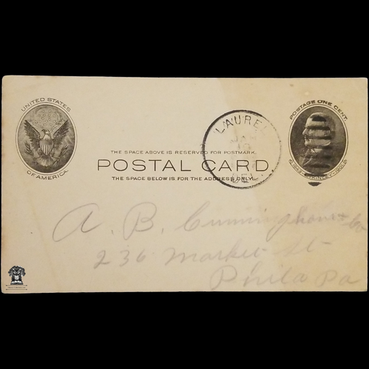 c1907 AB Cunningham Tobacco Co Personal Order Form Postal Card - 236 Market Street - Philadelphia PA - One Cent McKinley Scott UX18 - Postal Cancel Laurel DE - January 18 - Postcard