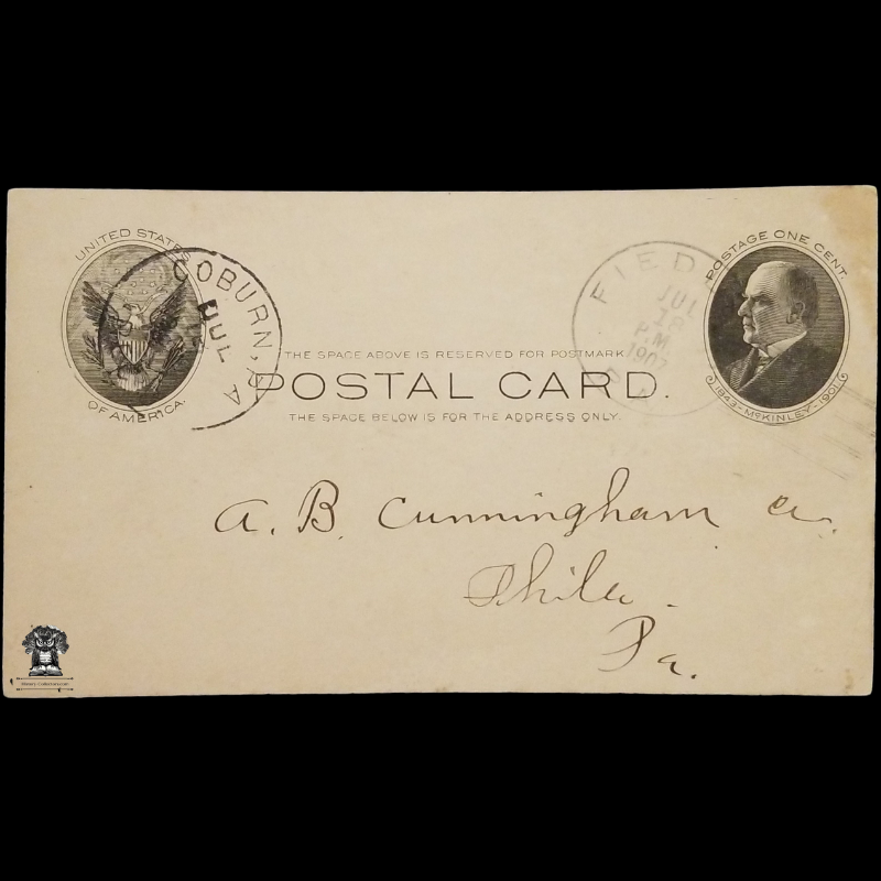 c1907 AB Cunningham Tobacco Co Personal Order Form Postal Card - 236 Market Street - Philadelphia PA - One Cent McKinley Scott UX18 - Postal Cancel Fiedler PA - Postal Cancel Coburn PA - July 18 - Postcard
