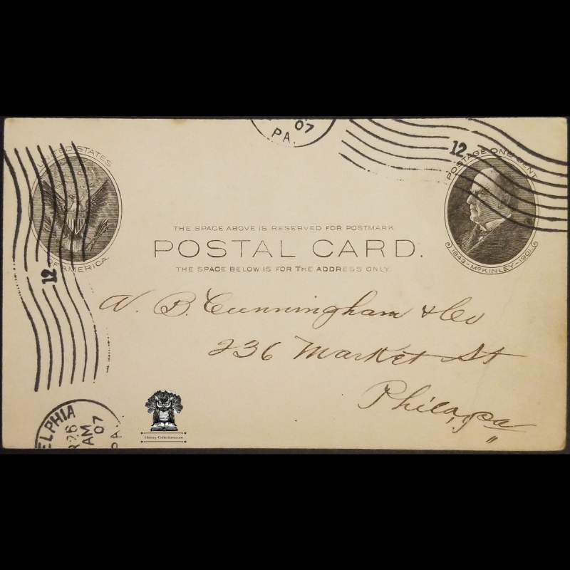 c1907 AB Cunningham Tobacco Co Personal Order Form Postal Card - 236 Market Street - Postal Cancel Philadelphia PA - One Cent McKinley Scott UX18 - Postal Cancel - Postcard