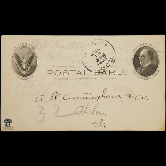 c1907 AB Cunningham Tobacco Co Personal Order Form Postal Card - 236 Market Street - Philadelphia PA - One Cent McKinley Scott UX18 - Postal Cancel Laurel DE - Fiedler PA - January 18 - Postcard