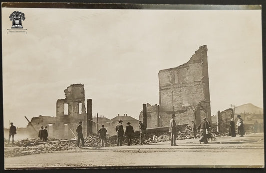 c1907 RPPC Picture Postcard - Fire Disaster - Brick Building Urban Remains Baby Carriage - VELOX Stamp Box