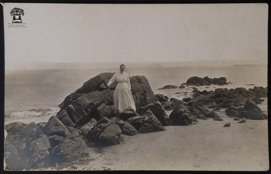 c1907 RPPC Picture Postcard - Woman on Rocks Beach Cove Ocean Bay Edwardian Fashion Flowers Hat - Velox Stamp Box